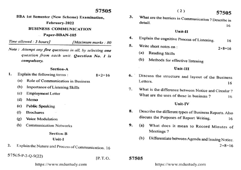 Bba 1 Sem Business Communication 57505 Feb 2022 | PDF