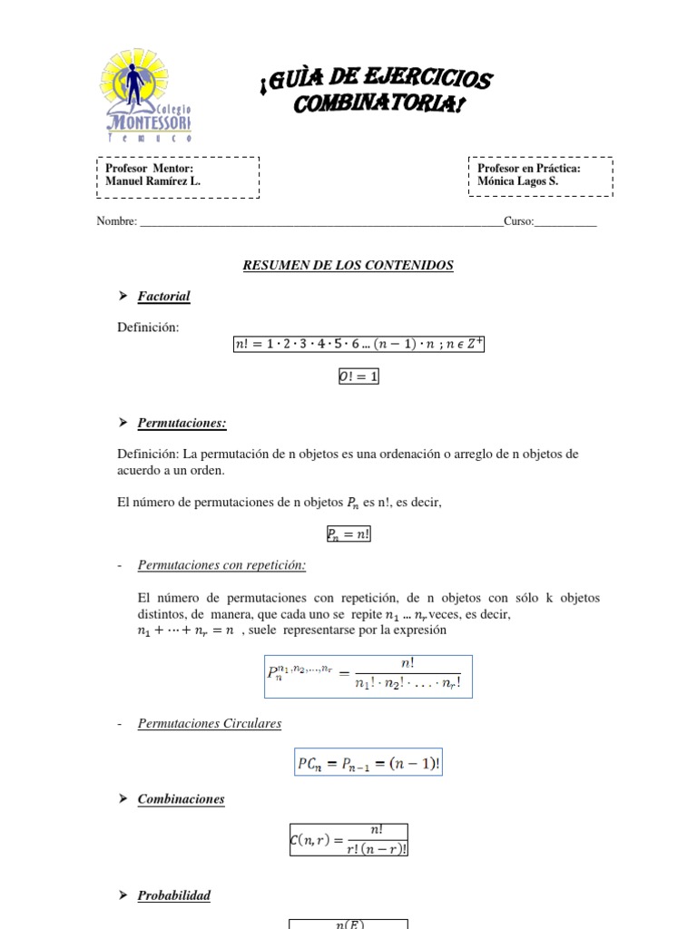 Ejercicios de Combinatoria para Primaria | PDF | Permutación | Probabilidad