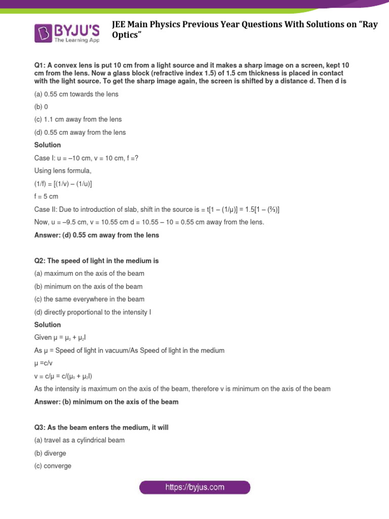 JEE Main Physics Previous Year Questions With Solutions On Ray Optics PDF