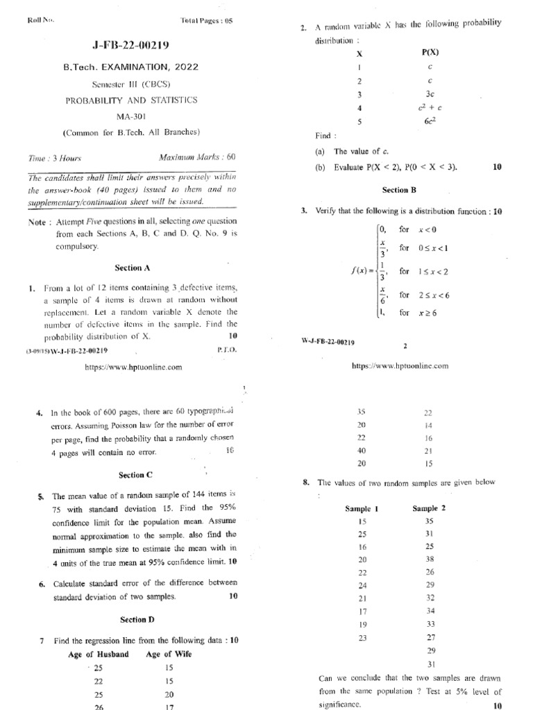 Btech 3 Sem Probability and Statistics J FB 22 00219 2022 | PDF