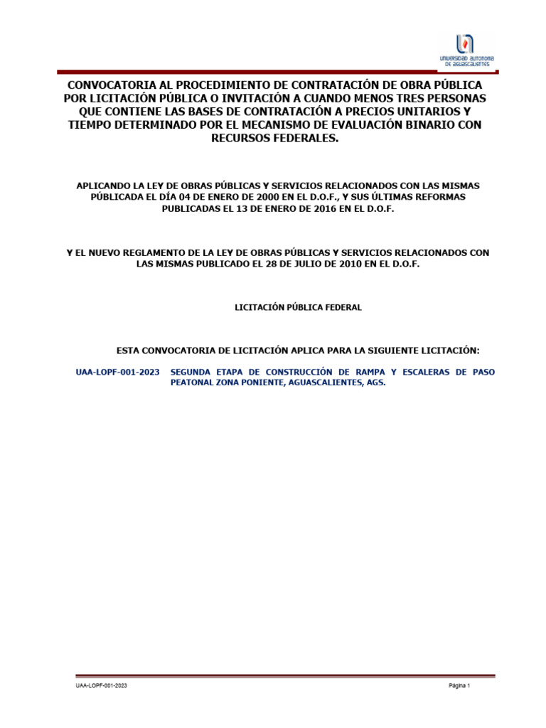 Bases de Licitacion Uaa-Lopf-001-2023 | PDF | Derecho