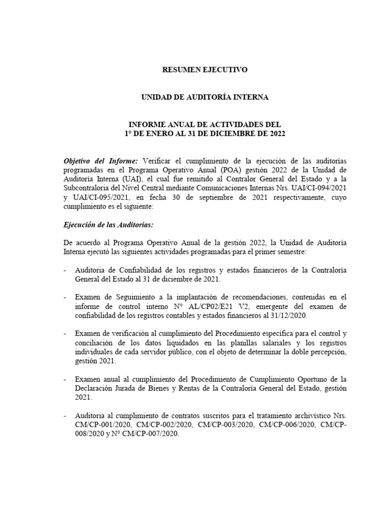 Resumen Ejecutivo INFORME Actividades Anual | PDF | Finanzas y dinero