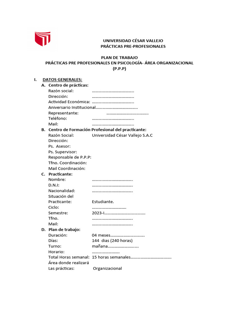 Formato de Plan de Trabajo-Área Organizacional | PDF