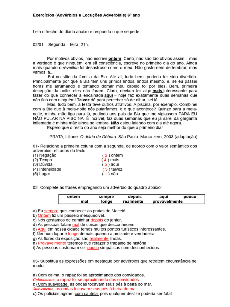 Exercícios de Advérbios 6º Ano | PDF