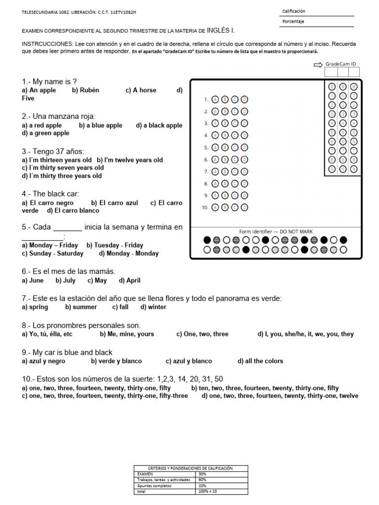 Examen 2do ParciaL Inglés I | PDF