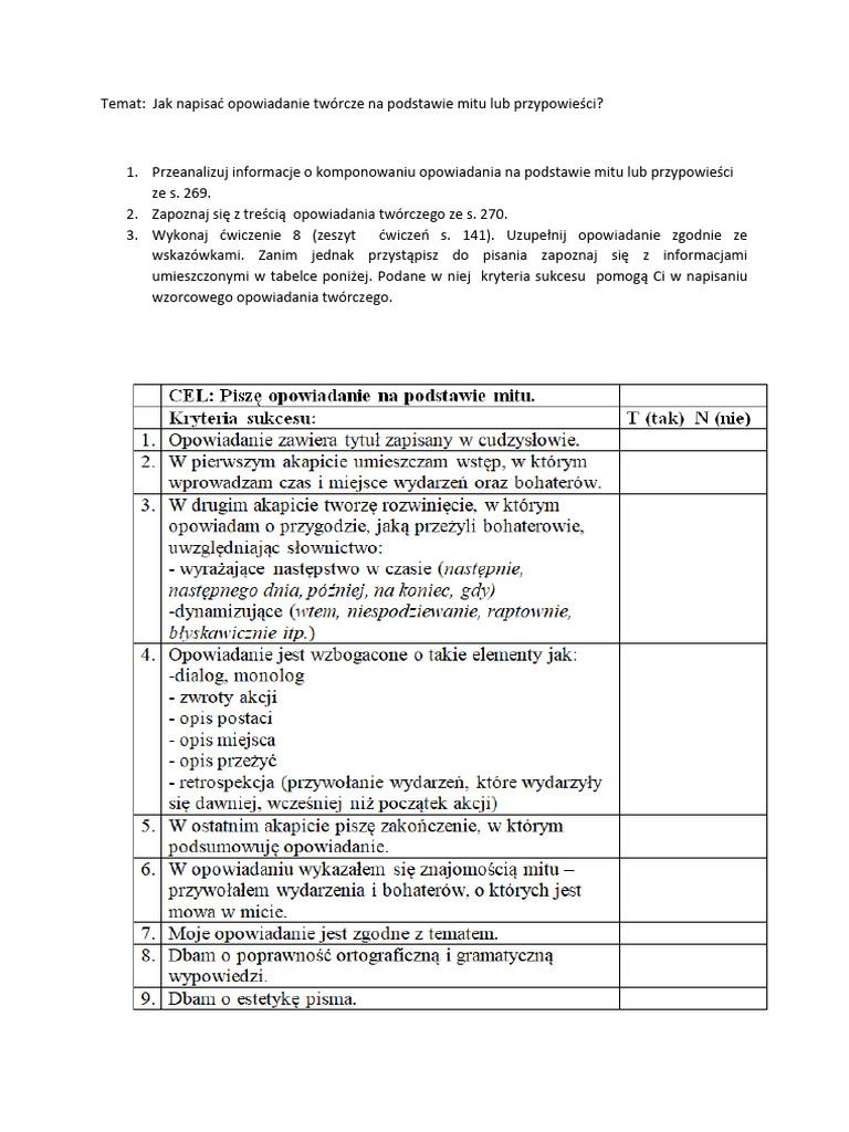 Napisz Opowiadanie Z Dialogiem I Elementami Opisu Kryteria Sukcesu - Opowiadanie Twórcze | PDF