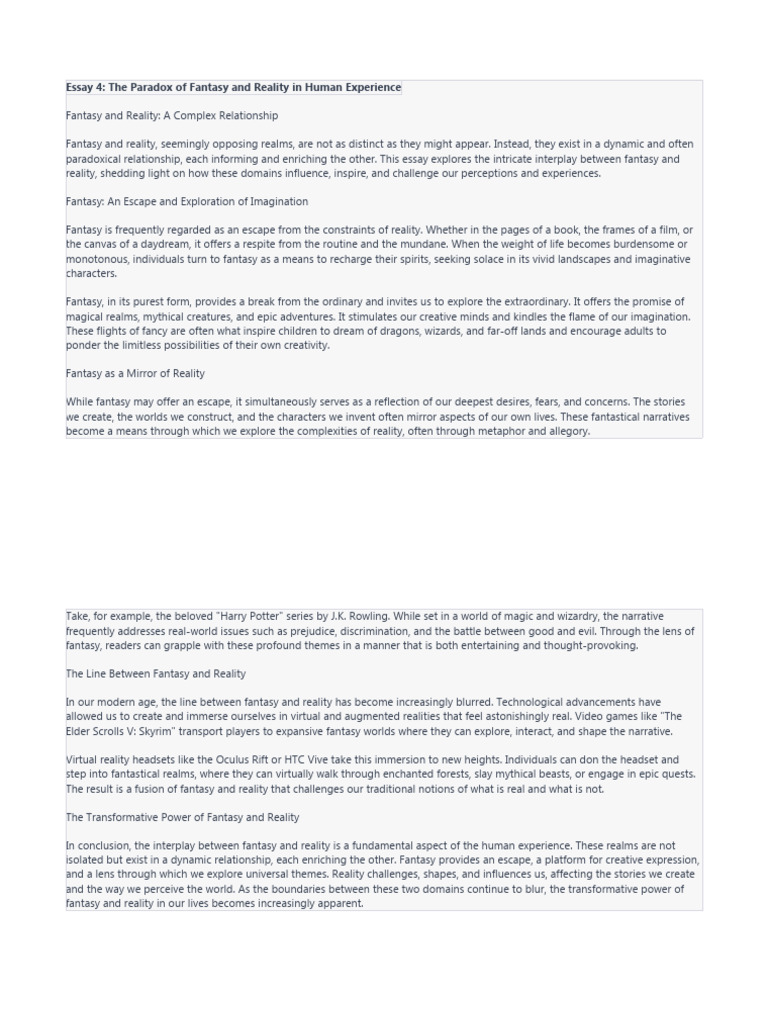 Essay 4 | PDF | Fantasy | Reality