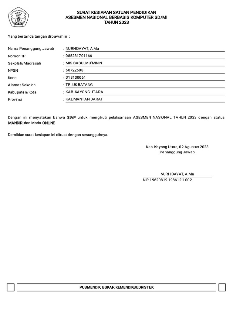 Surat kesiapan anbk 2023 pdf