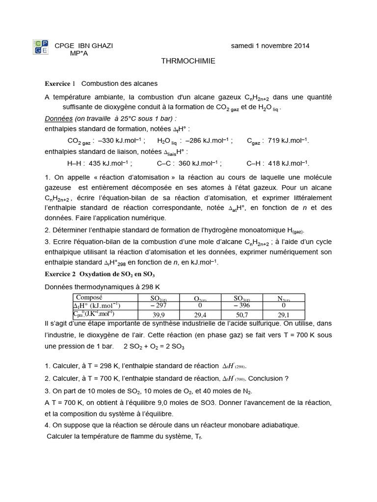 Combustion des Alcanes et SO2 en SO3 | PDF | La combustion | Réactions ...
