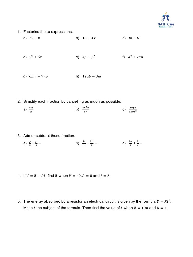 Algebraic Expressions and Fractions Guide | PDF