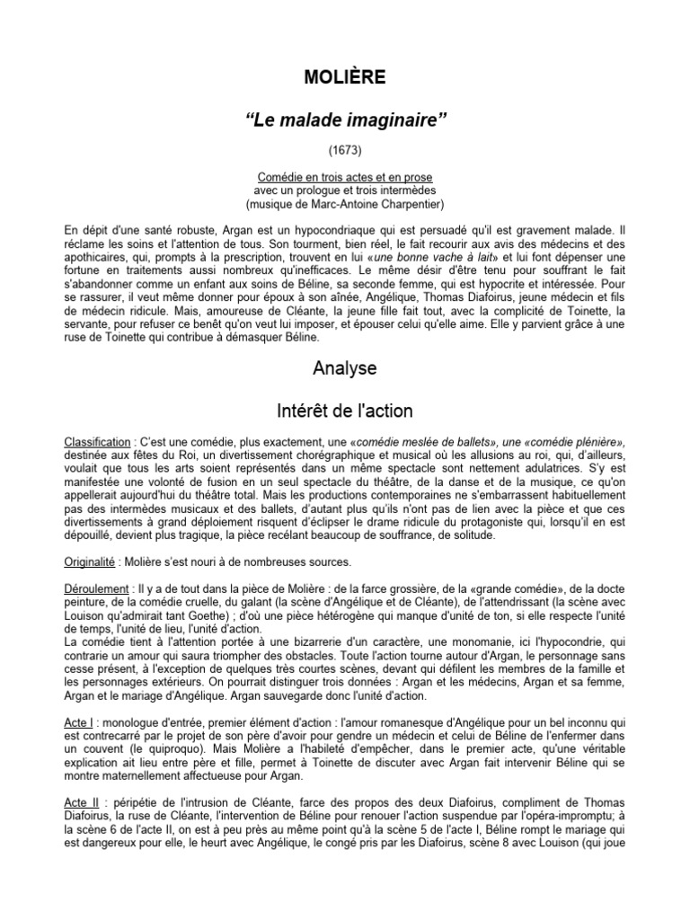 Sujet Dissertation Le Malade Imaginaire Moliere Le Malade Imaginaire | PDF