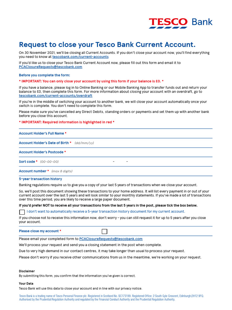 Tesco Bank Current Account Closure Form PDF
