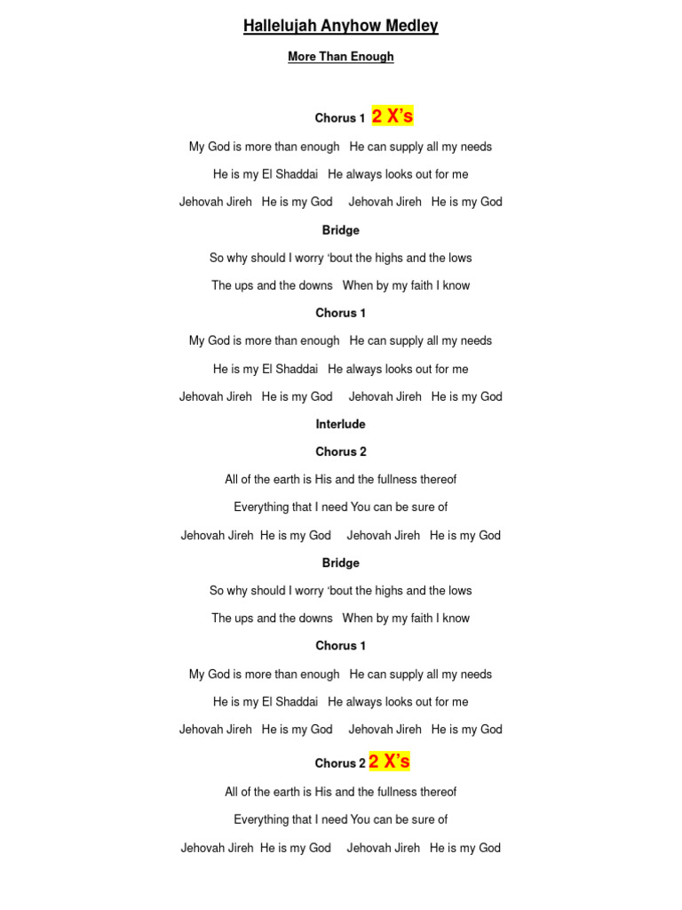 Lyrics Hallelujah Anyhow Medley PDF