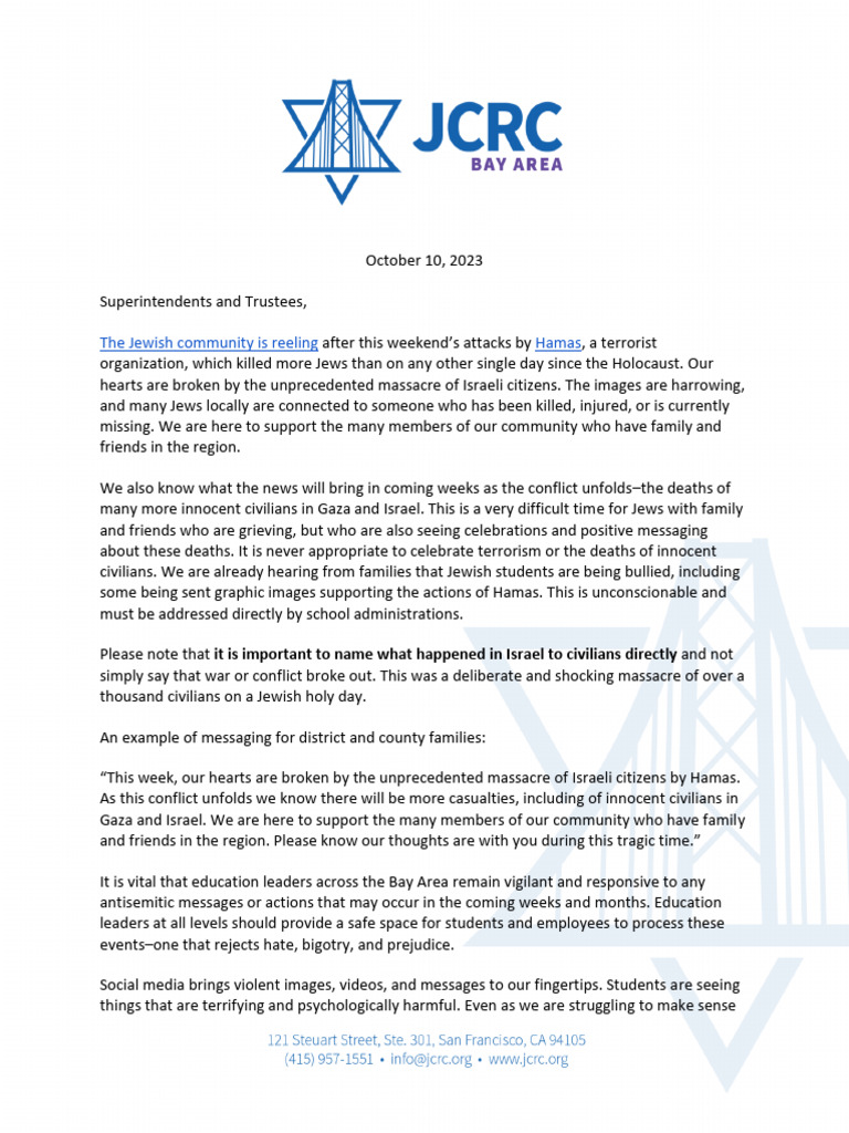 JCRC Letter to School Districts | PDF | Hamas | Psychological Trauma