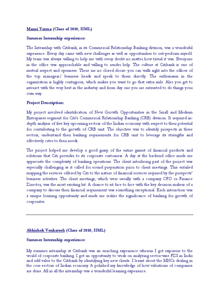 Citi Summer Internship Experience Iim Lucknow PDF Citigroup Chief