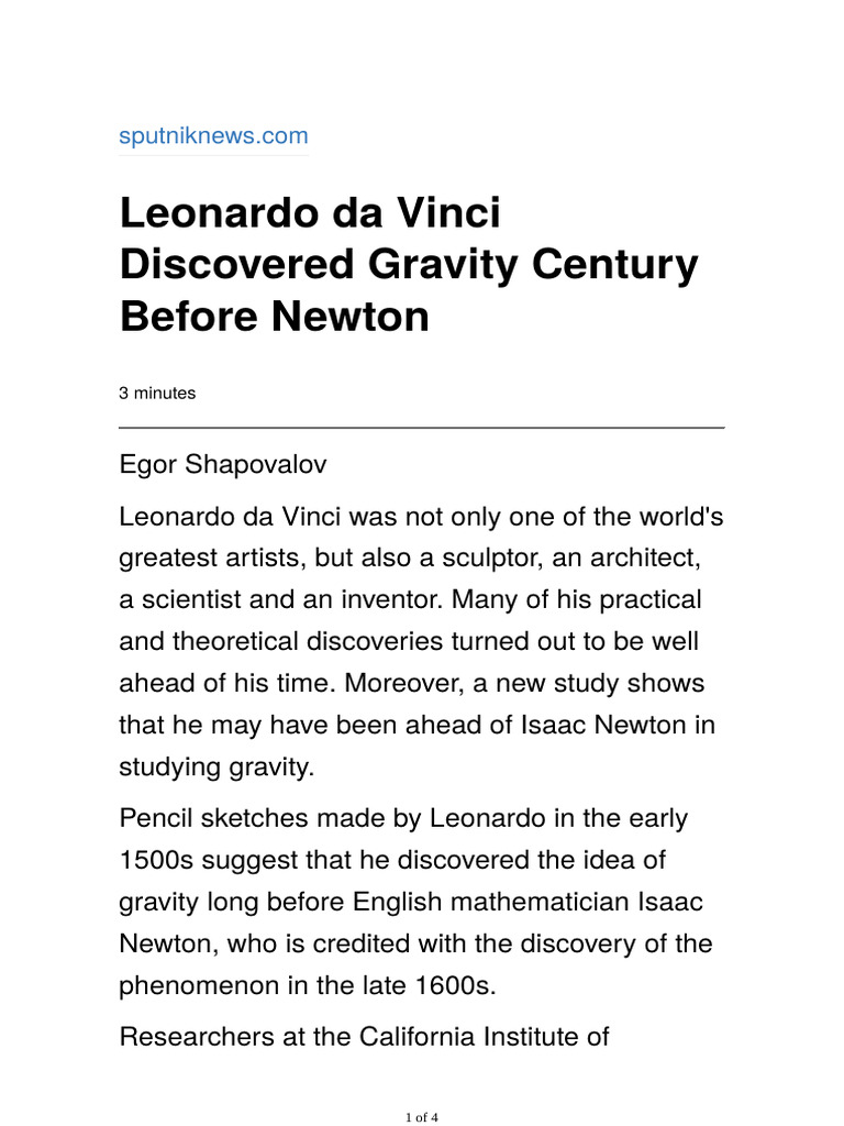 Leonardo Da Vinci Discovered Gravity Century Before Newton PDF