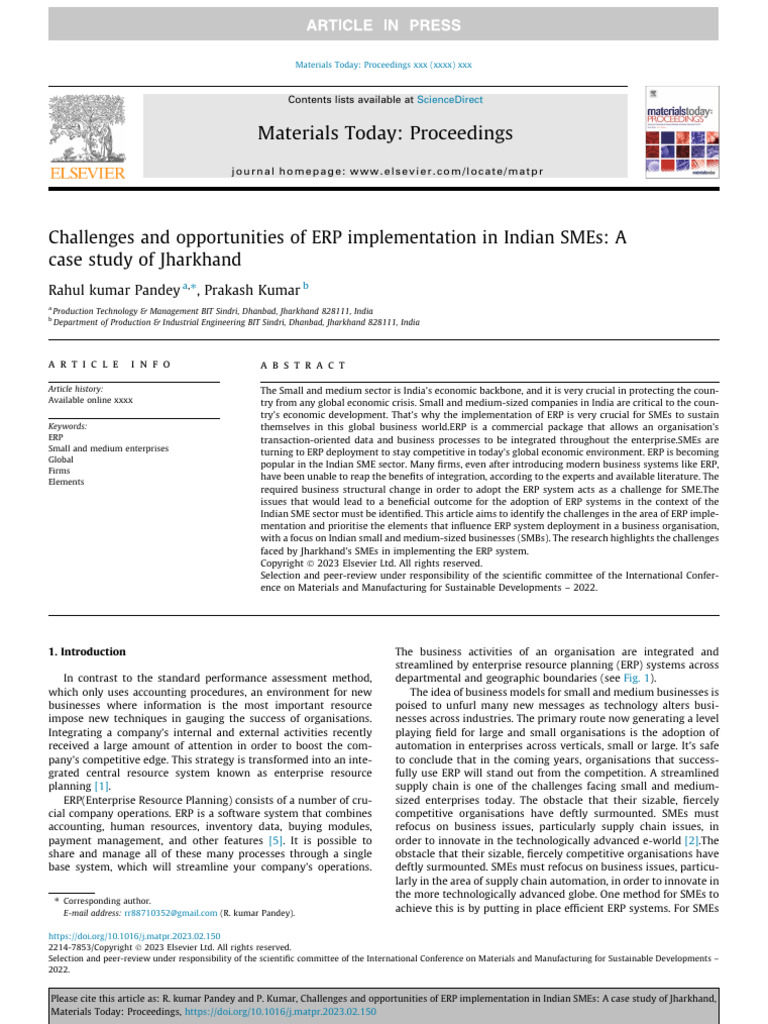 Challenges and Opportunities of ERP Implementation in Indian SMEs | PDF