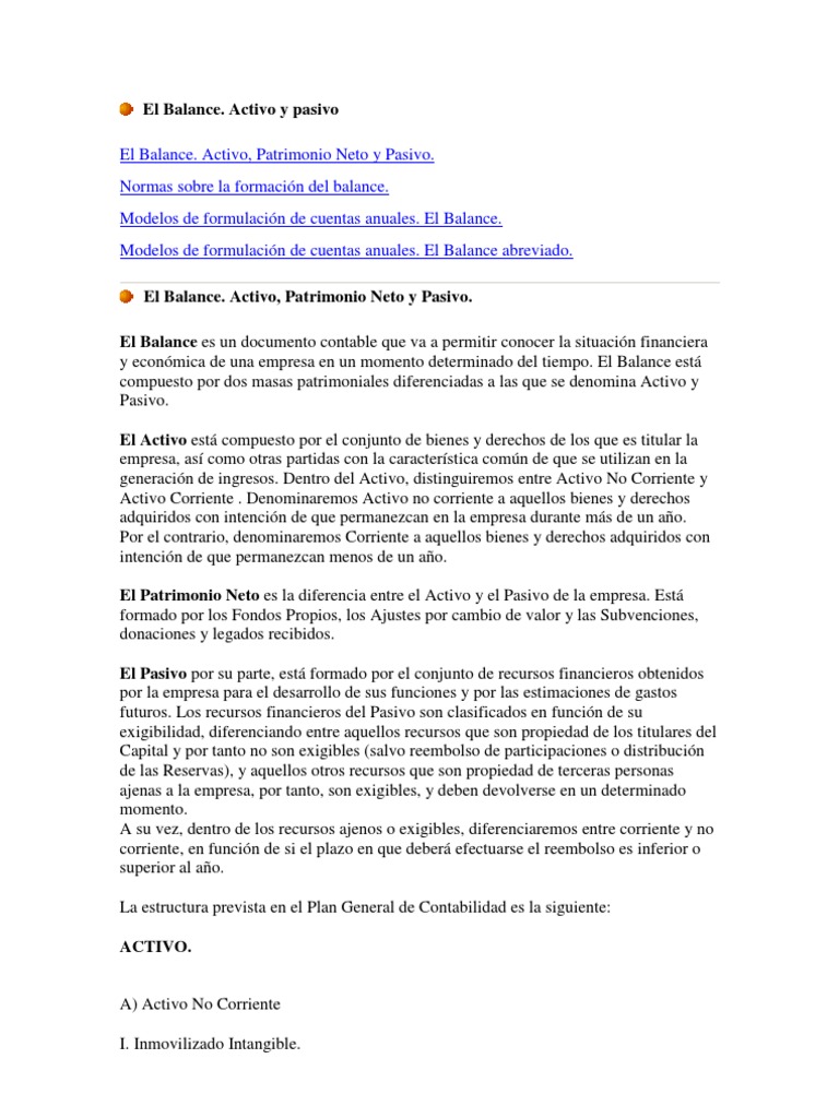 El Balance. Activo, Patrimonio Neto y Pasivo. | PDF | Hoja de balance ...