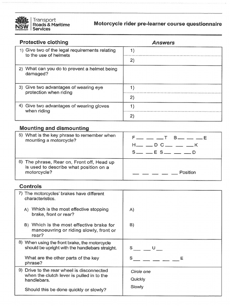 NSW RMS Motorcycle Rider Pre Learner Course Questionnaire PDF