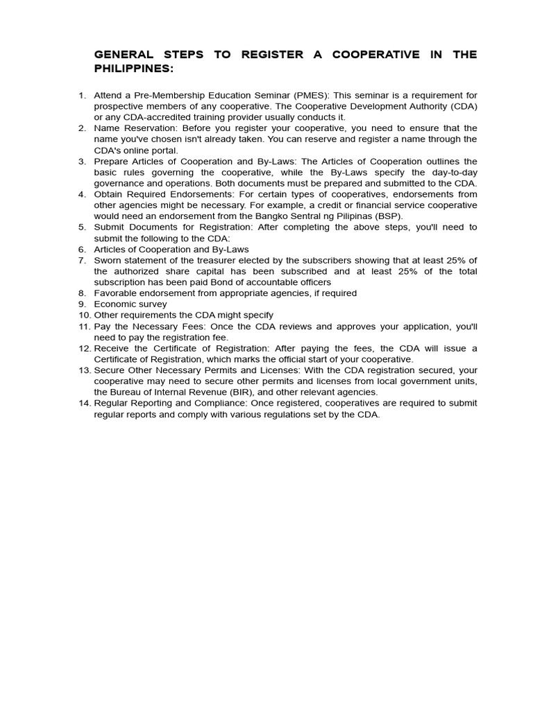 General Steps To Register A Cooperative In The Philippines Pdf
