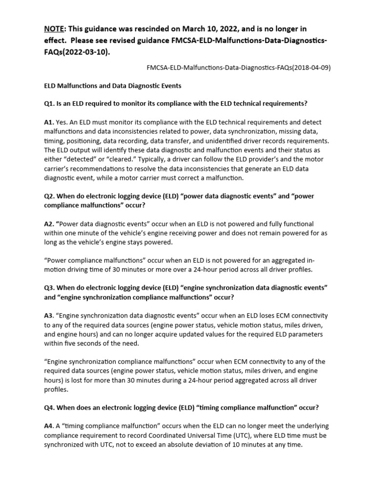 FMCSA ELD Malfunctions Data Diagnostics FAQs (2018 04 09) RESCINDED PDF