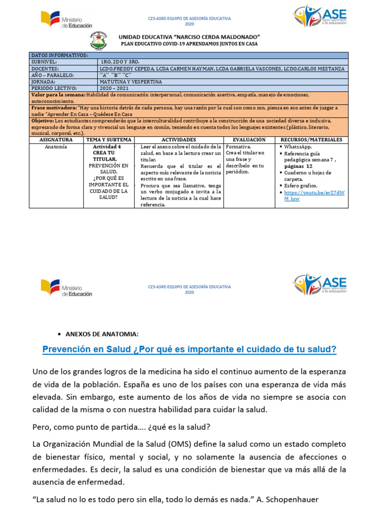 Plan Educativo COVID-19: Salud y Bienestar | PDF | Cuidado de la salud ...