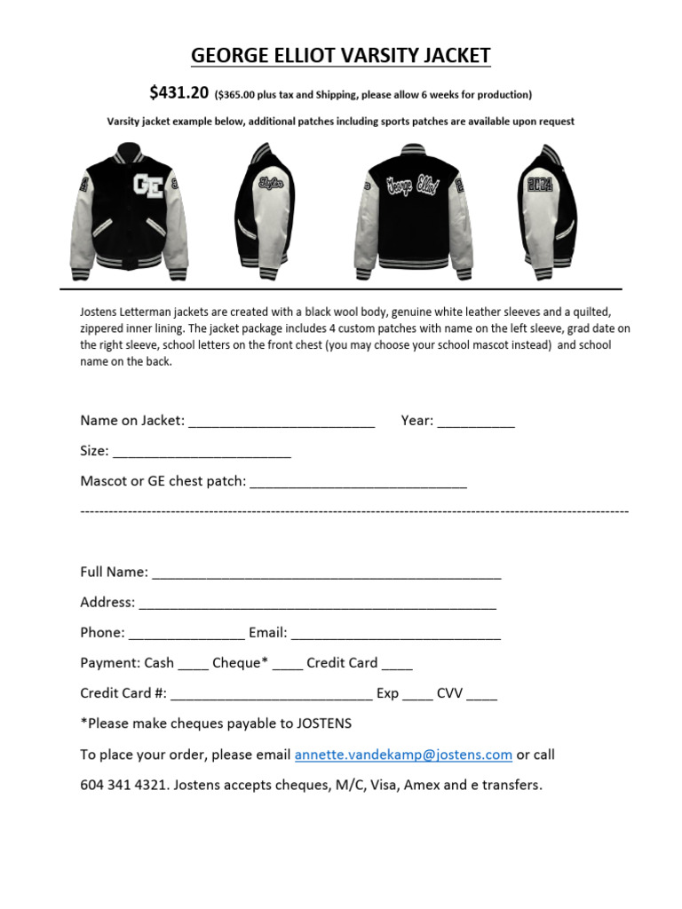 George Elliot Ss Letterman Jacket Order Form 1 | PDF