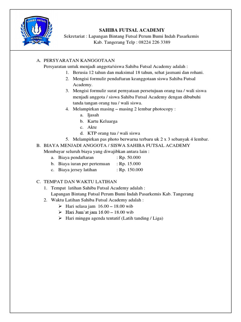 Pendaftaran Sahiba Futsal Academy | PDF