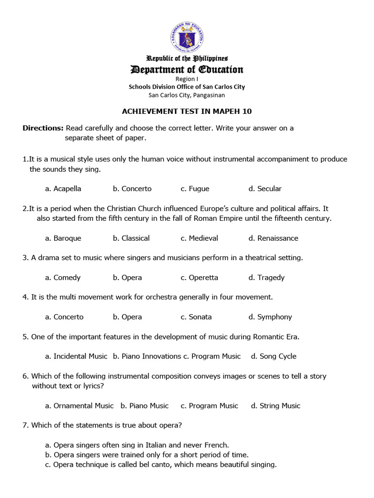 Achievemnt Test in Mapeh 10 - 2023-2024 | PDF