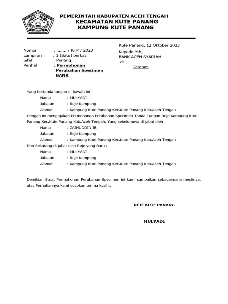 Permohonan Specimen BANK PDF