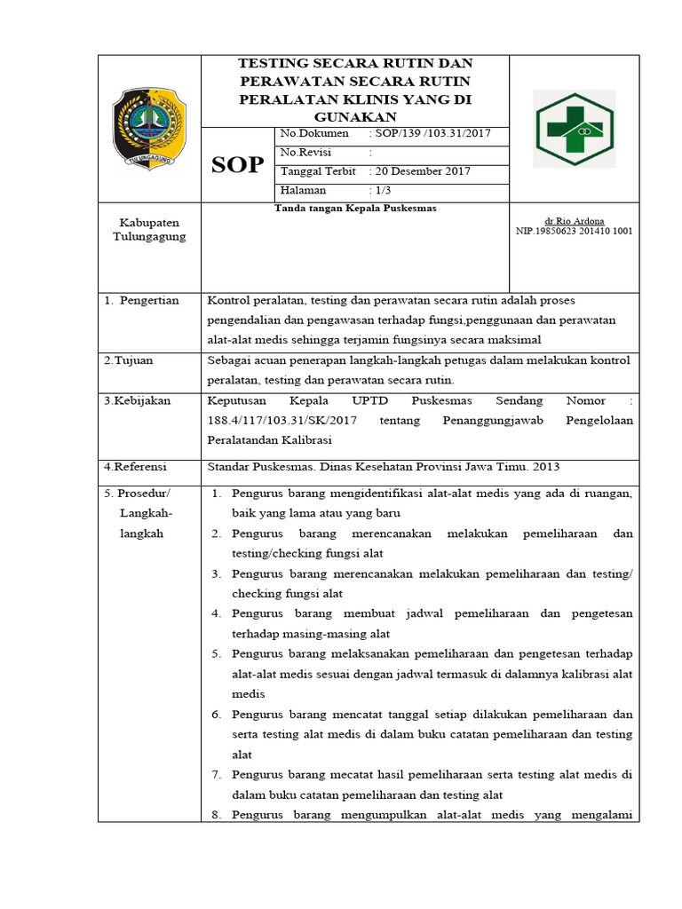SOP. Testing SCR Rutin Dan Perawatan SCR Rutin Peralatan Klinis Yg ...