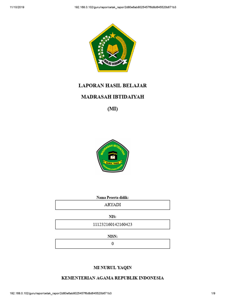 Rapor Aryadi MI Nurul Yaqin | PDF