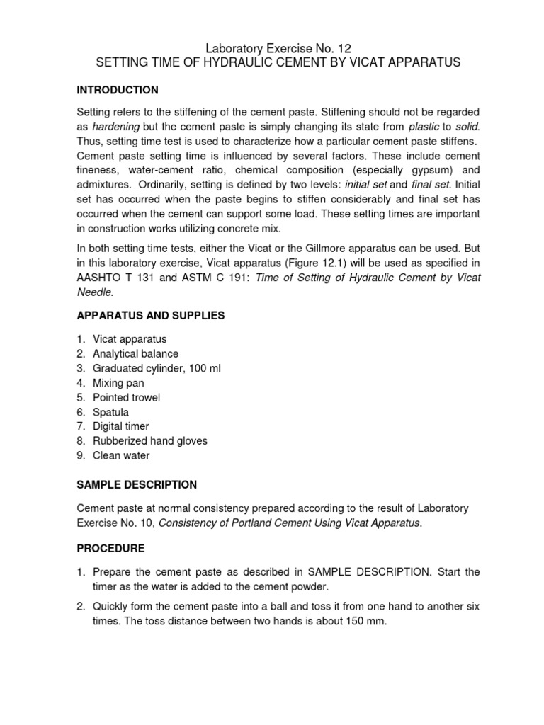 LabEx No. 12 Setting Time of Hydraulic Cement Using Vicat Apparatus PDF Cement Building