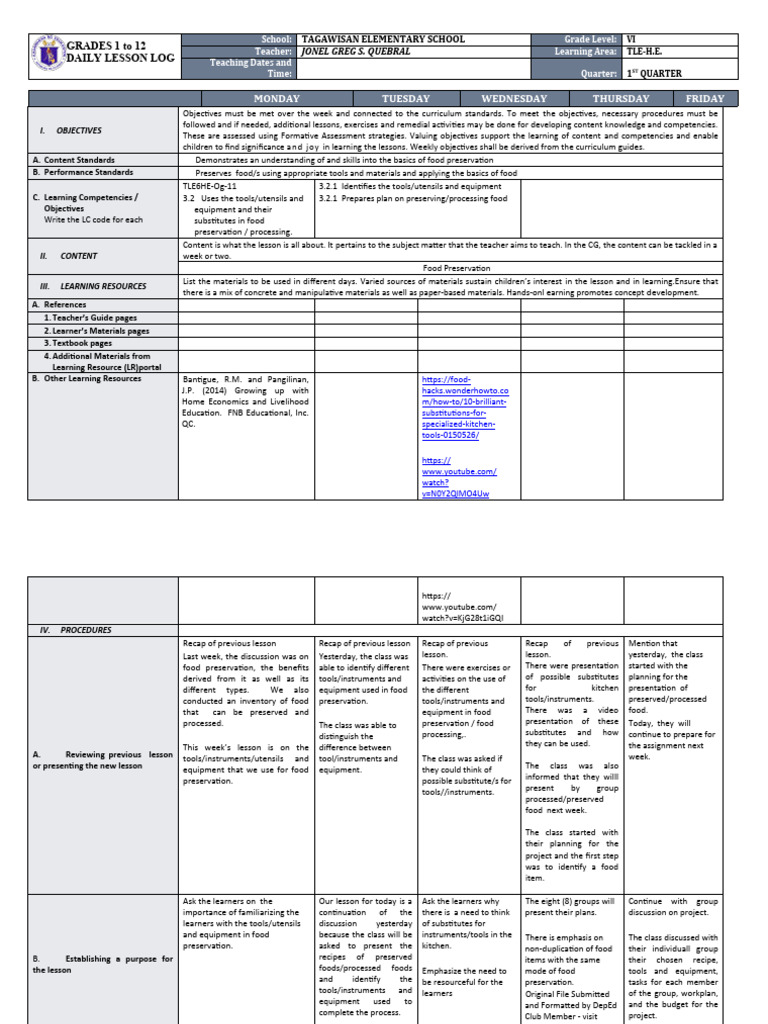 DLL - Tle-H.e. 6 - Q1 - W7 | PDF | Teachers | Learning