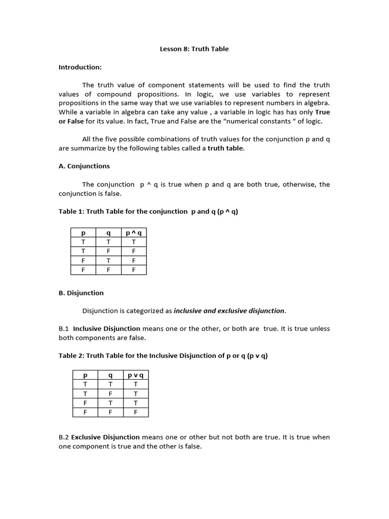 Lesson 8. Truth Table | PDF