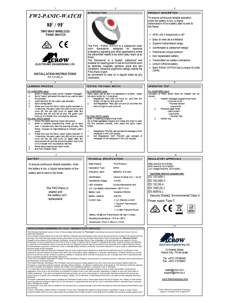 Manual de Instalare Buton de Panica Wireless Crow FW2-Panic Watch | PDF