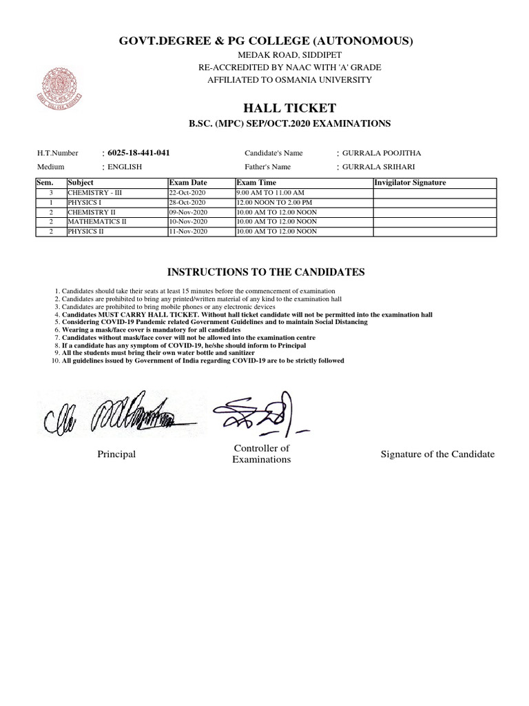 Hall Ticket for B.Sc. Exams 2020 | PDF