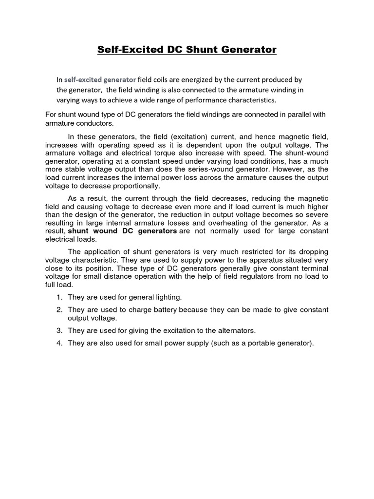 Self Excited Shunt Type Dc Gen Pdf Electric Generator