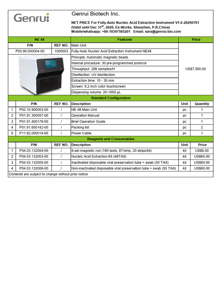 2020 FullyAuto Nucleic Acid Extraction Instrument Price List V1.0