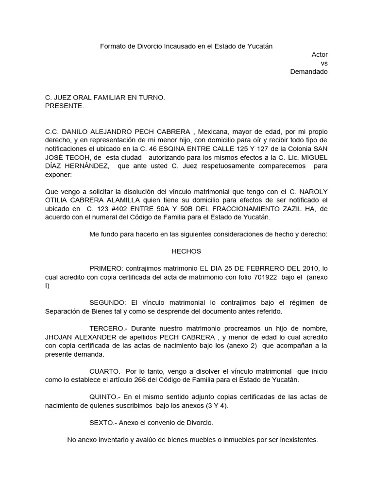 Formato de Divorcio Incausado Yucatán | PDF
