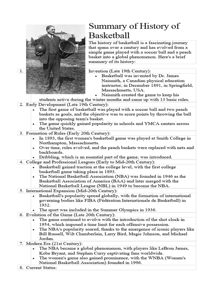Summary of History of Basketball PDF