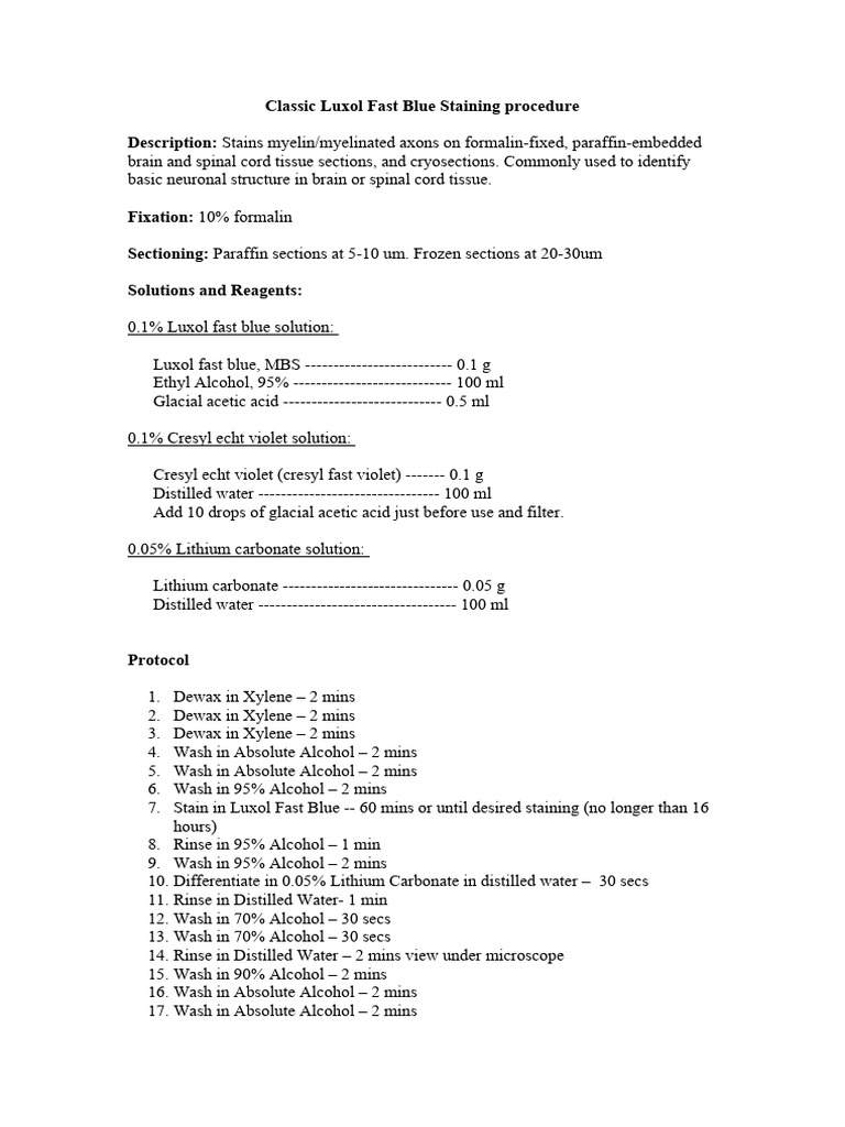 Luxol Fast Blue Staining Protocol | PDF | Cooking, Food & Wine ...