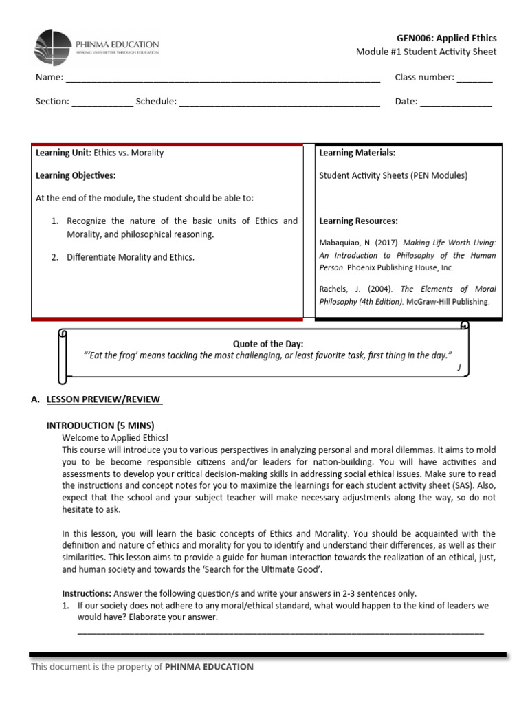 Ethics and Morality Overview Sheet | PDF | Morality | Human Communication