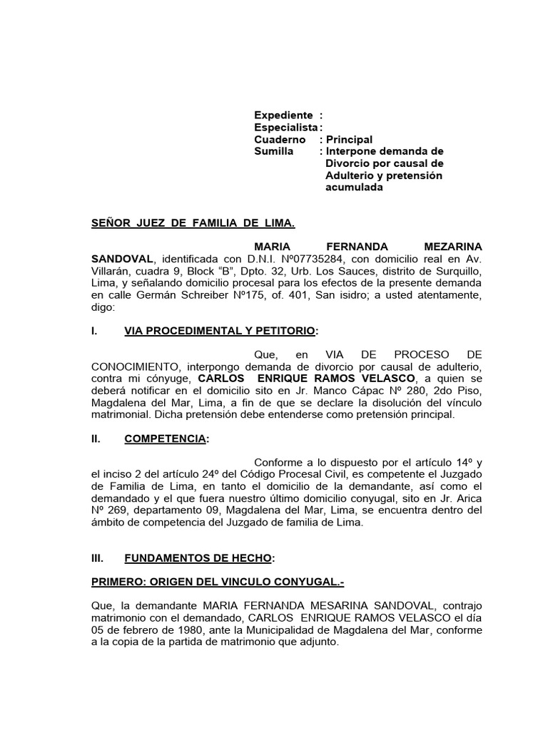 Demanda de Divorcio Por Causal | PDF | Divorcio | Pensión alimenticia