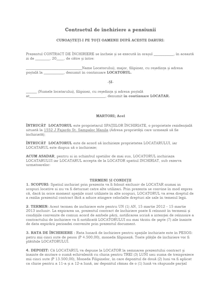 Contract de Închiriere Pensiune | PDF