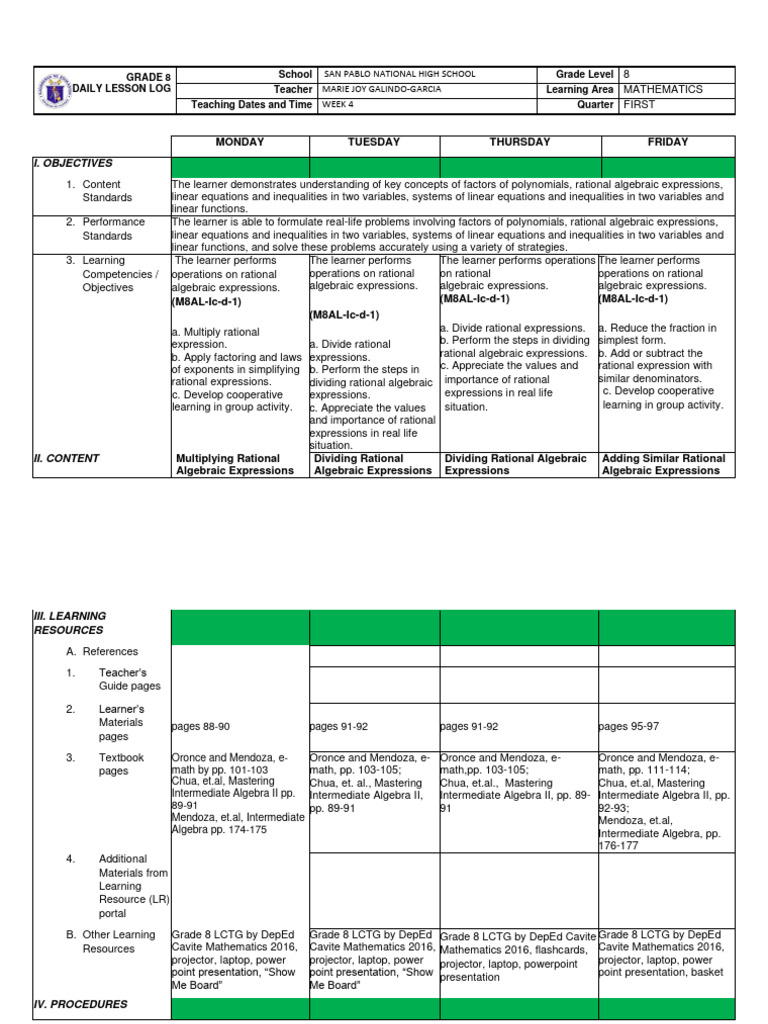 Grade 8 Math Lesson Plan: Rational Expressions | PDF | Division ...