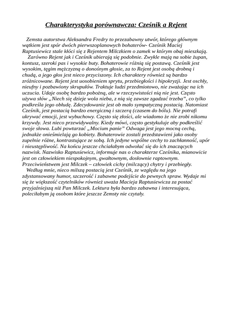 Kto Odzywa Się Pierwszy W Zemście Rejent Czy Cześnik Cześnik A Rejent | PDF
