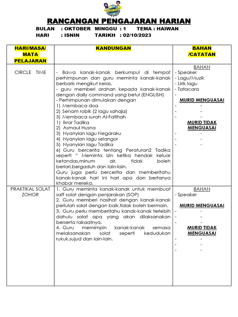 Rancangan Pengajaran Tadika Oktober | PDF
