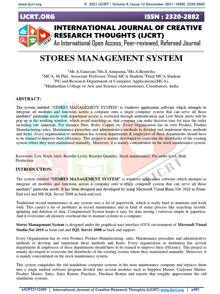Stores Management System Abstract PDF