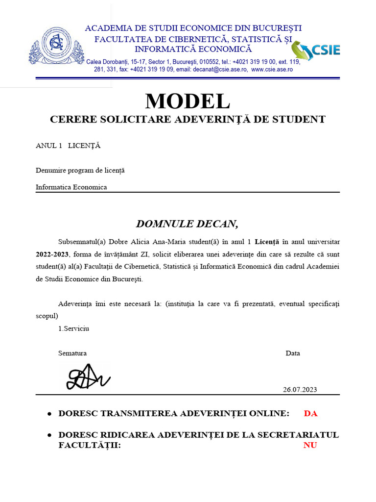 MODEL Cerere - Solicitare - ADEVERINTA STUDENT 2022 2023 | PDF